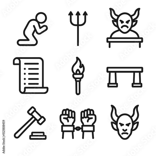 Demonic Tribunal Icons. Outline icon set of demonic tribunal: sinner kneeling, pitchfork, demon judge, scroll of sins, torch,