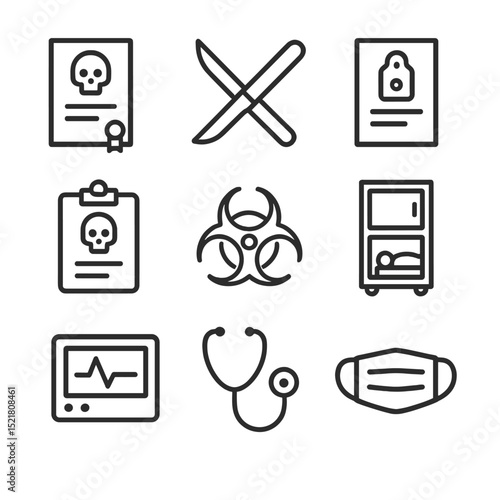 Medical Death Icons. Outline icon set of medical death symbols: death certificate, scalpel, pathology report, coroner clipboard,