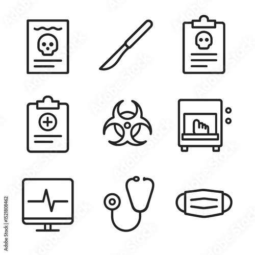 Medical Death Icons. Outline icon set of medical death symbols: death certificate, scalpel, pathology report, coroner clipboard,
