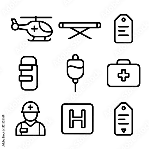 Medevac Icons Set. Outline icon set of medical evacuation (MEDEVAC): medevac helicopter, stretcher, casualty tag, splint, IV drip,