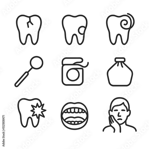 Dental Pain Icons. Outline icon set of dental pain scenarios: tooth with crack, cavity hole, toothache swirl, dental mirror, floss