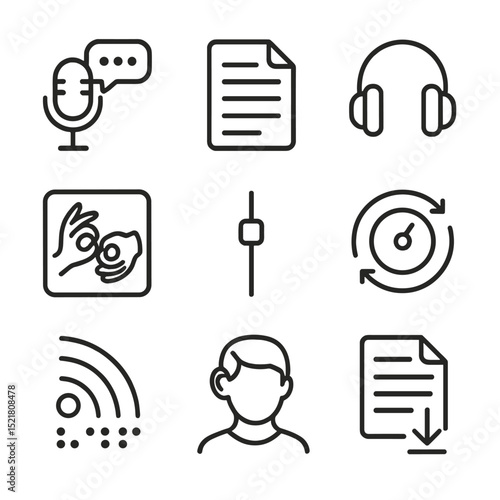 Podcast Inclusivity Icons. Outline icon set of podcast accessibility and inclusion: microphone with caption, transcript document,