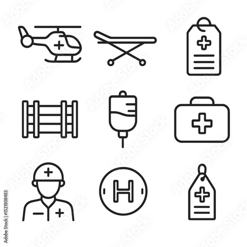 Medevac Icons Set. Outline icon set of medical evacuation (MEDEVAC): medevac helicopter, stretcher, casualty tag, splint, IV drip,