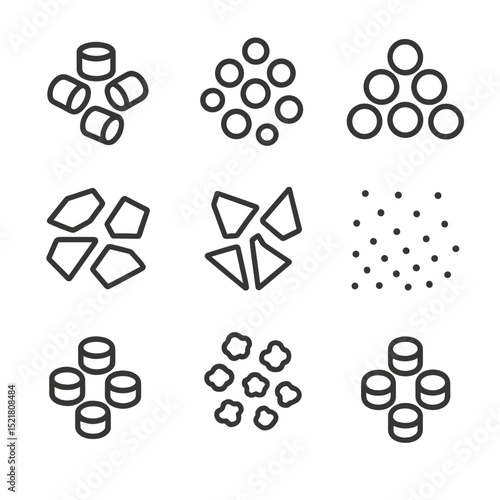 Polymer Icons Grid. Outline icon set of raw material polymers: polyethylene pellet, polypropylene granule, polystyrene bead,