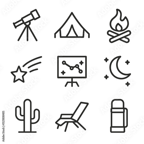 Desert Stargazing Icon Set. Outline icon set of desert star-gazing camps: telescope, tent silhouette, campfire, shooting star,
