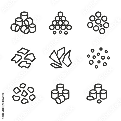 Polymer Icons Grid. Outline icon set of raw material polymers: polyethylene pellet, polypropylene granule, polystyrene bead,