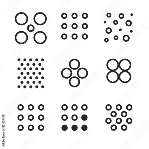 Polka Dot Icons. Outline icon set of polka dot printed patterns: large dot, small dot, scattered dot, clustered dot, overlapping