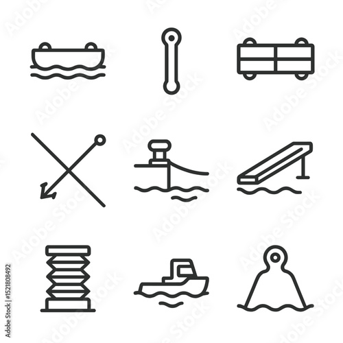 Pontoon Bridge Icon Set. Outline icon set of pontoon bridge deployment: floating pontoon, connecting pin, pontoon deck, guide