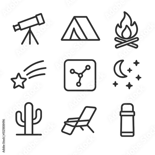 Desert Stargazing Icon Set. Outline icon set of desert star-gazing camps: telescope, tent silhouette, campfire, shooting star,