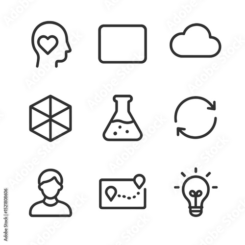 Design Workflow Icons. Outline icon set of design thinking workflow: empathy icon, define frame, ideate cloud, prototype cube,