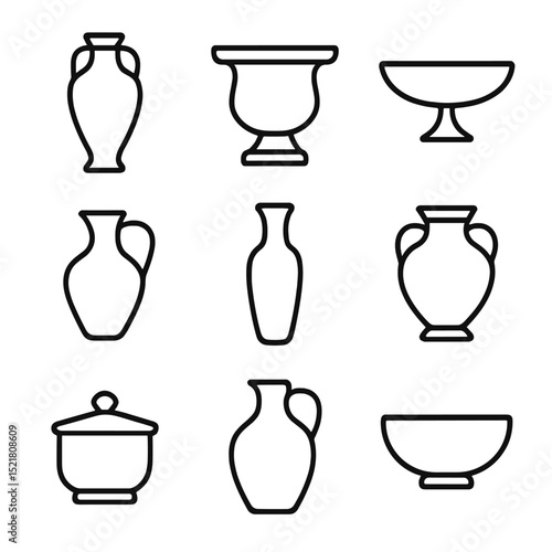 Pottery Vessel Icons. Outline icon set of pottery vessel types: amphora, krater, kylix, oinochoe, lekythos, hydria, pyxis, jug,