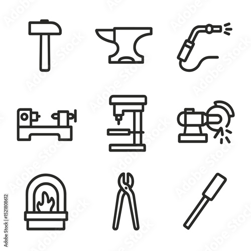 Metalworking Tool Icons. Outline icon set of metalworking tools: hammer, anvil, welding torch, lathe, drill press, grinder, forge,