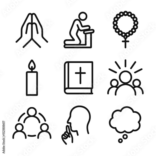Prayer Meeting Icons. Outline icon set of prayer meeting circle: praying hands, kneeling bench, rosary beads, candle, bible, light