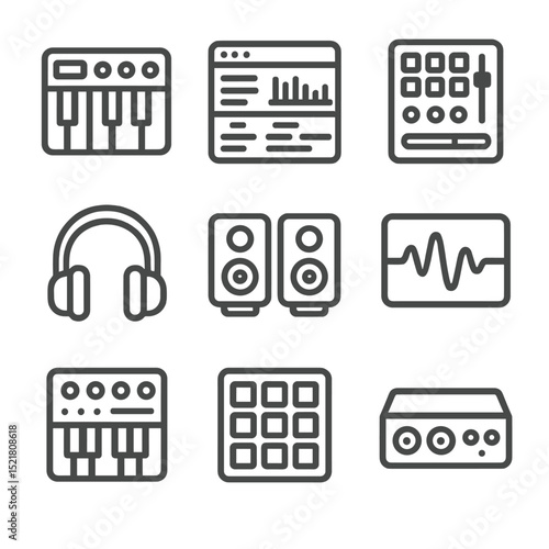 Digital Music Icon Set. Outline icon set of digital music creation: MIDI keyboard, DAW interface, MIDI controller, audio interface