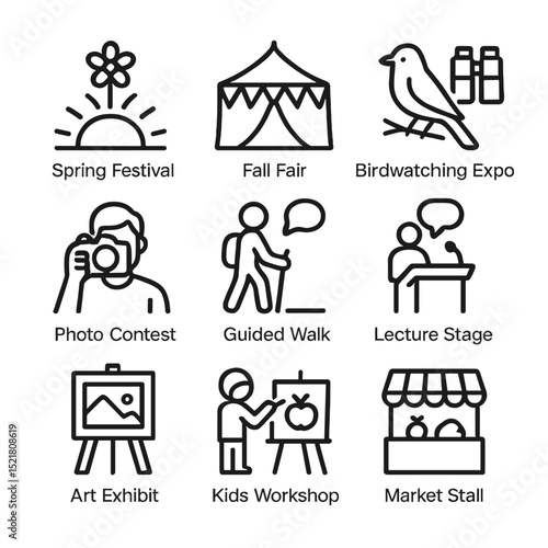 Migration Festival Icons. Outline icon set of migration festivals and events: spring festival, fall fair, birdwatching expo, photo
