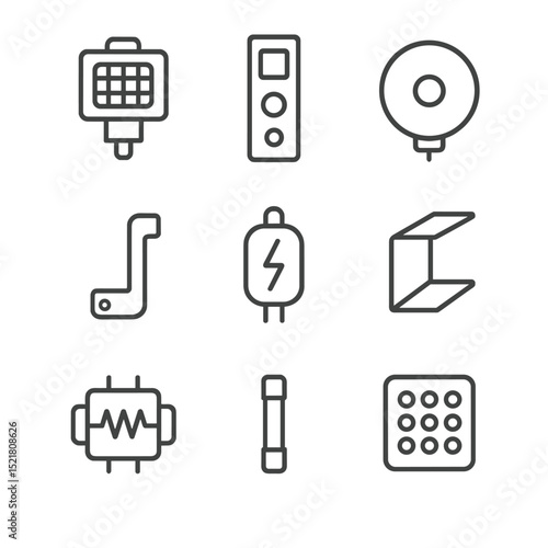 Microwave Repair Icons. Outline icon set of microwave repair: magnetron, control panel, turntable motor, door latch, high-voltage