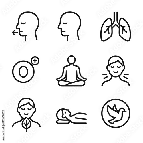 Pranayama Icons Set. Outline icon set of pranayama breathing: breath, exhale, inhale, lungs, oxygen, meditation, calm, relaxation,