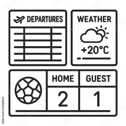 Digital Information Displays. departure board, weather ticker, sports scoreboard. Line icons in
