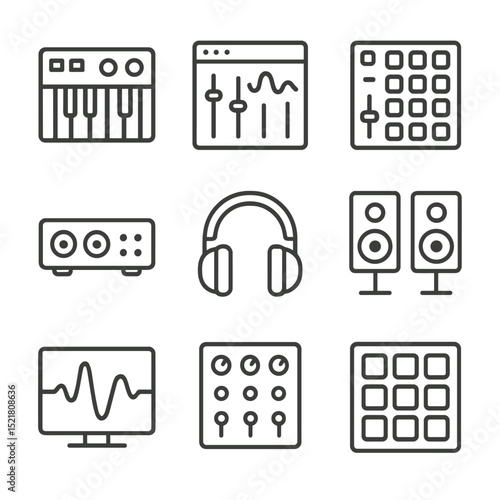 Digital Music Icon Set. Outline icon set of digital music creation: MIDI keyboard, DAW interface, MIDI controller, audio interface