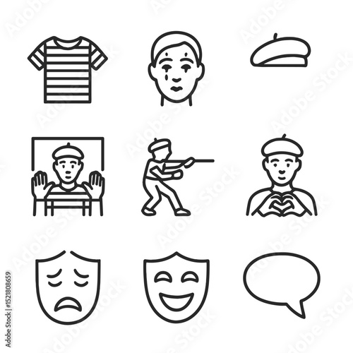 Mime Icon Set. Outline icon set of mime performance elements: striped shirt, painted face, beret, invisible box outline, rope pull