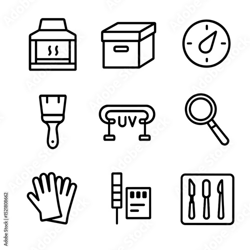 Preservation Lab Icons. Outline icon set of preservation and conservation lab: fume hood, archival box, humidity gauge, soft brush