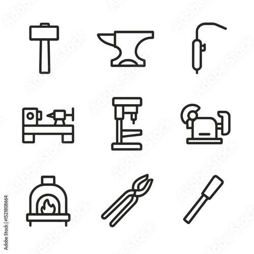 Metalworking Tool Icons. Outline icon set of metalworking tools: hammer, anvil, welding torch, lathe, drill press, grinder, forge,