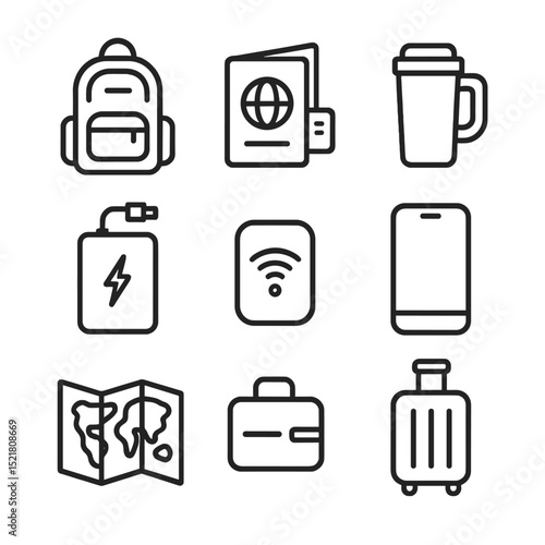 Digital Nomad Essentials. Outline icon set of digital nomad essentials: backpack, passport, boarding pass, travel mug, power bank,