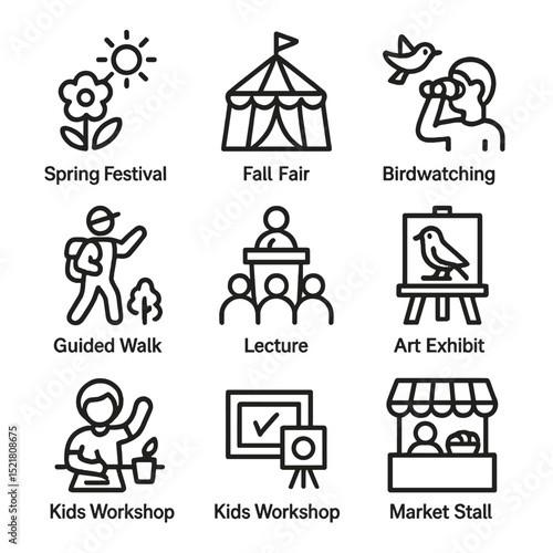 Migration Festival Icons. Outline icon set of migration festivals and events: spring festival, fall fair, birdwatching expo, photo