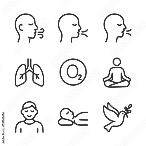 Pranayama Icons Set. Outline icon set of pranayama breathing: breath, exhale, inhale, lungs, oxygen, meditation, calm, relaxation,