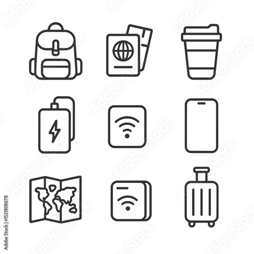 Digital Nomad Essentials. Outline icon set of digital nomad essentials: backpack, passport, boarding pass, travel mug, power bank,