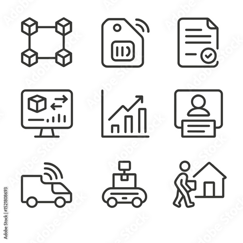 Digital Supply Chain Icons. Outline icon set of digital supply chain transformation: blockchain ledger, RFID tag, smart contract,