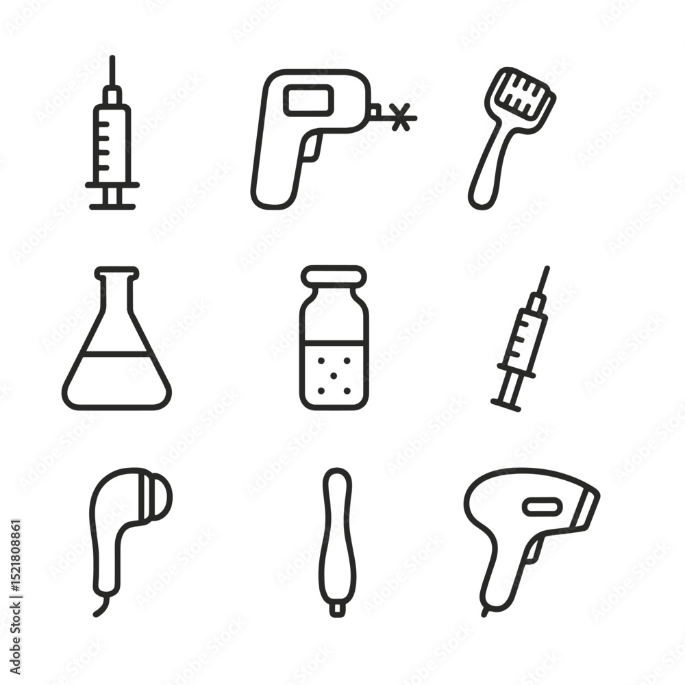 Fototapeta premium Professional Cosmetic Tools Icons. Outline icon set of professional interventions: filler syringe, laser device, microneedle