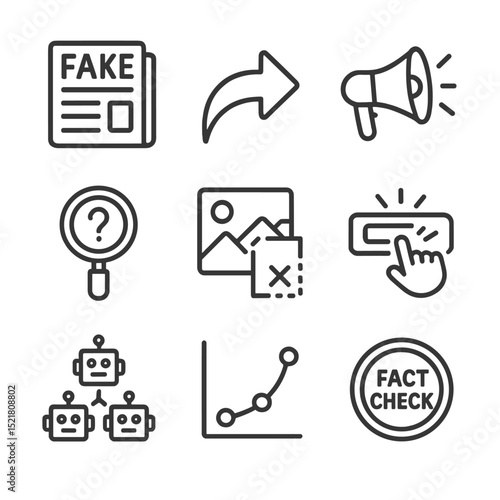 Misinformation Icons Overview. Outline icon set of misinformation spread: fake news paper, share arrow, rumor megaphone,
