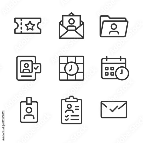 Model Casting Icons. Outline icon set of model castings: audition ticket, invitation envelope, resume folder, callback card,