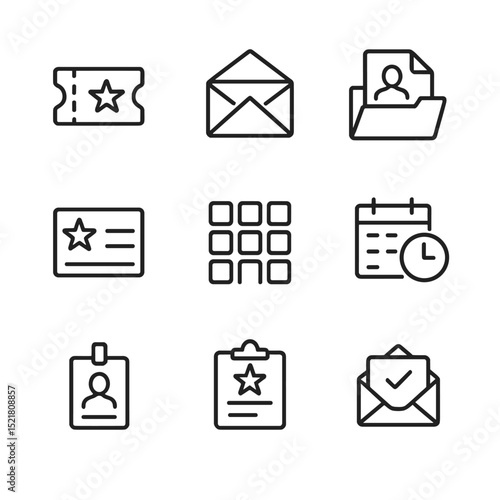 Model Casting Icons. Outline icon set of model castings: audition ticket, invitation envelope, resume folder, callback card,