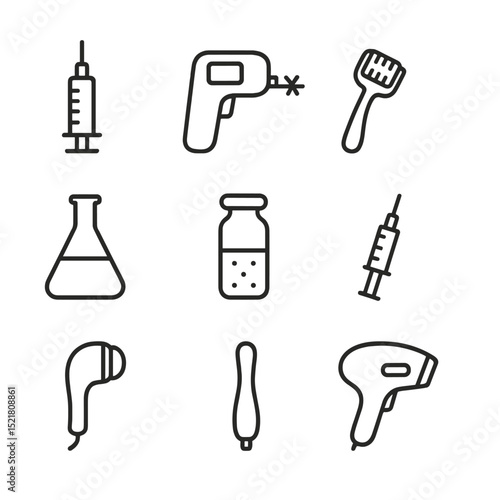Professional Cosmetic Tools Icons. Outline icon set of professional interventions: filler syringe, laser device, microneedle