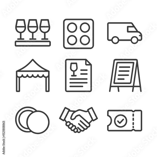 Distribution Event Icons. Outline icon set of distribution and tasting events: sample flight glass, tasting mat, distributor van,