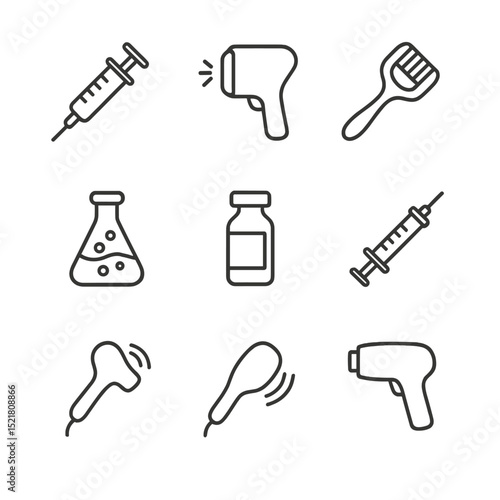 Professional Cosmetic Tools Icons. Outline icon set of professional interventions: filler syringe, laser device, microneedle