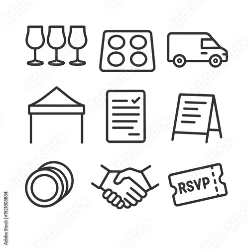 Distribution Event Icons. Outline icon set of distribution and tasting events: sample flight glass, tasting mat, distributor van,