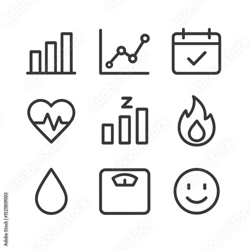 Quantified Self Icons. Outline icon set of quantified self data metrics: bar chart, line graph, calendar check, biometric heart,