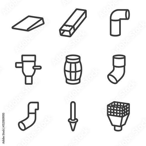 Downspout Accessories Icons. Outline icon set of downspout accessories: splash block, downspout extension, elbow fitting, diverter