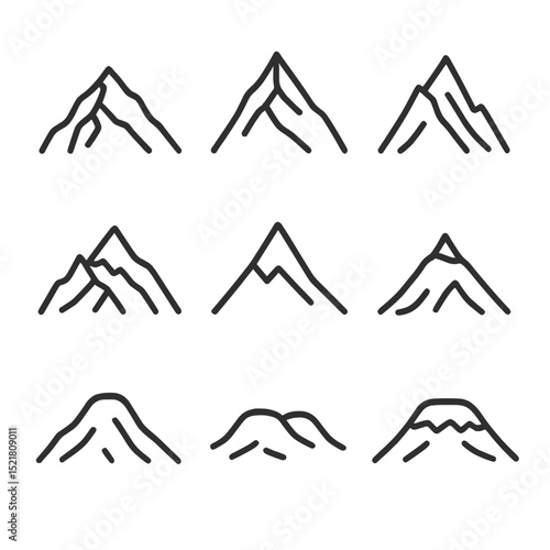Mountain Icon Set. Outline icon set of mountain peaks: Everest, K2, Annapurna, Matterhorn, Fuji, Denali, Kilimanjaro, Elbrus,