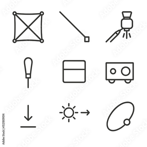 Drag Sail Icon Set. Outline icon set of drag augmentation sails: sail membrane, deployable boom, attitude control thruster, tether