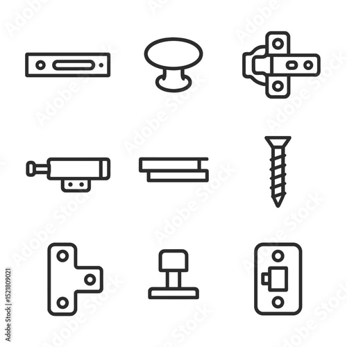 Drawer Hardware Icons. Outline icon set of drawer hardware components: drawer slide, knob handle, hinge, soft-close damper, rail