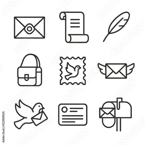 Dove Messenger Icons. Outline icon set of dove messenger themes: envelope with wax seal, scroll, quill pen, mailbag, postal stamp,