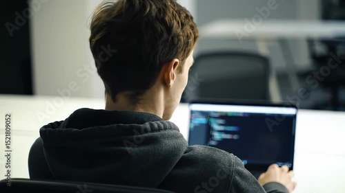 Back view of a young developer working on a laptop in a modern office He is coding or programming with a focused expression creating software in a bright workspace wearing a hoodie