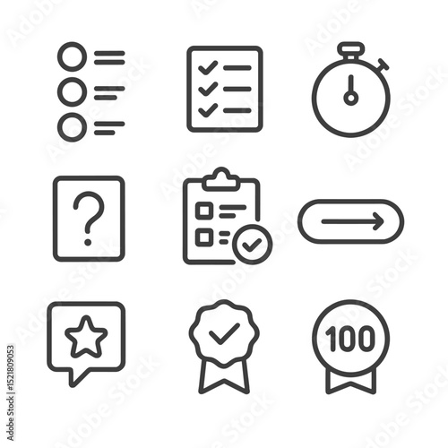 Quiz Icon Set. Outline icon set of assessments and quizzes: multiple-choice bubbles, checkbox list, timer stopwatch, score badge,