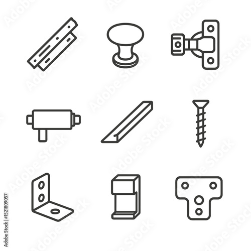 Drawer Hardware Icons. Outline icon set of drawer hardware components: drawer slide, knob handle, hinge, soft-close damper, rail