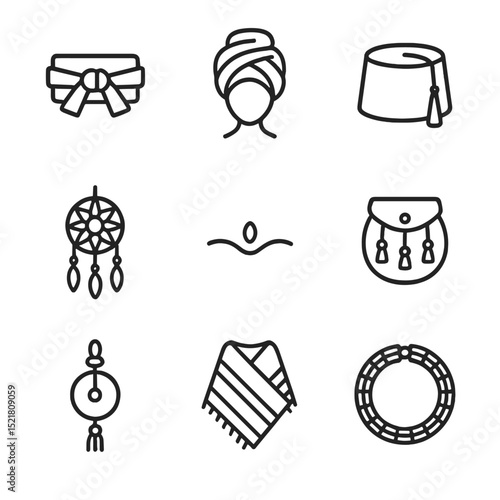 Multicultural Accessories Icons. Outline icon set of multicultural accessories: kimono obi belt, African headwrap, Turkish fez,