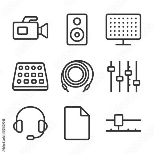Multimedia Performance Icons. Outline icon set of multimedia performance: video camera, audio speaker, LED screen, control console